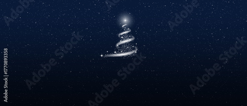 Symbol of Christmas and New Year. Sparkling Christmas tree with snow, stars, and a snowstorm against a starry sky. Template for New Year and Christmas projects.