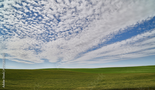 A serene landscape featuring undulating green hills under a wide, blue sky with a mix of puffy and wispy clouds, creating a peaceful and open natural scene.