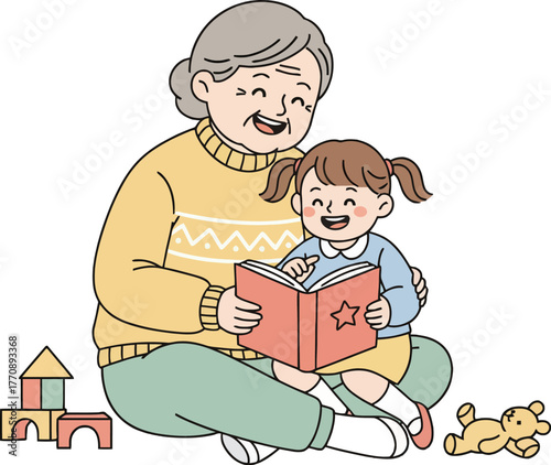 Grandfather and granddaughter reading together smiling.