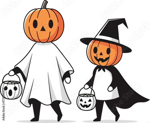 Halloween pumpkins in costume as ghost and witch.