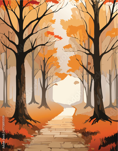A path through a forest with orange trees in the autumn on a sunny day