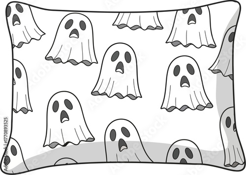 Pillow with playful ghost pattern on white fabric.