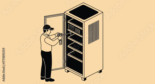 Technician carefully repairs server rack equipment in a data center.