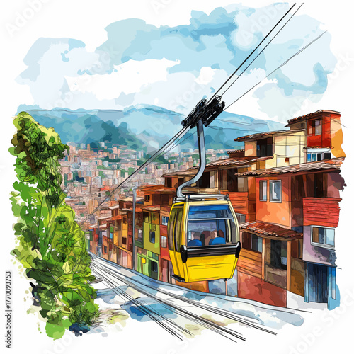 Medellin ? Comuna 13 and Cable Cars. Medellin ? Comuna 13 and Cable Cars hand drawn watercolor illustration