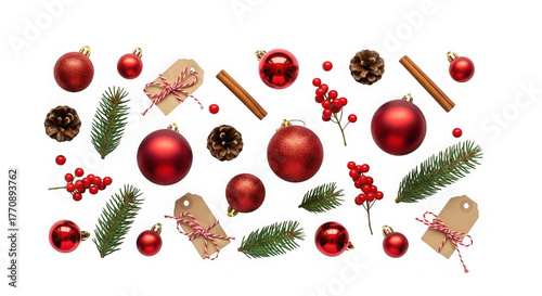 Christmas ornaments and pine cones scattered isolated on transparent background