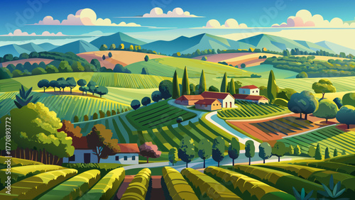 Very beautiful aerial shot of a gorgeous summer landscape at a vineyard in Braselton, Georgia, USA, showing miles of lush green trees, grass, and plants under a blue sky with soft white clouds.