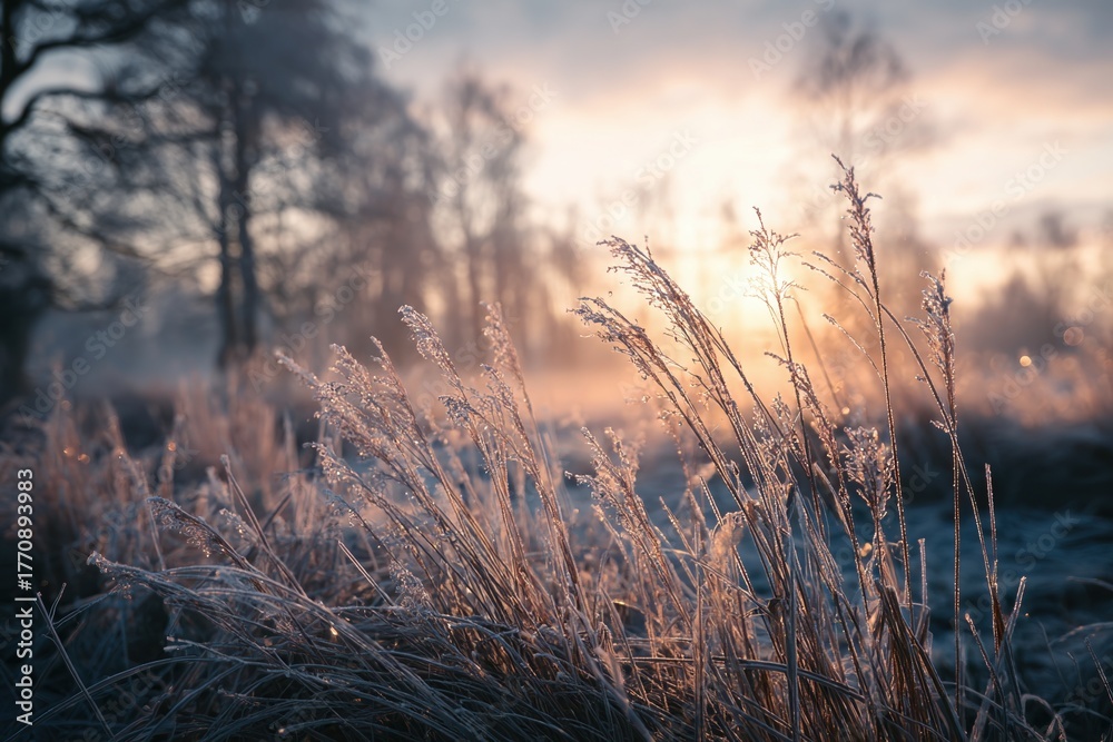 Fototapeta premium Photorealistic Frozen Meadow at Sunrise with Frosty Grass and Misty Trees