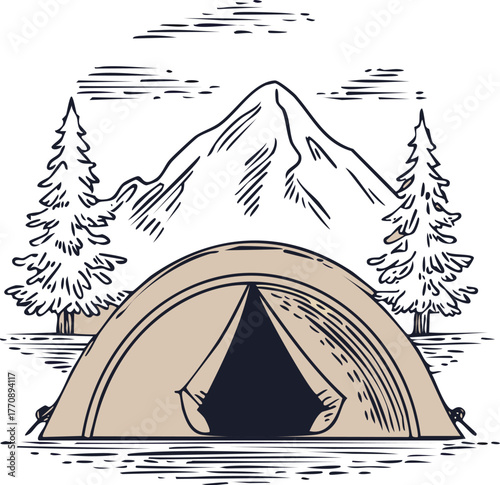 Camping tent in the mountains with pine trees