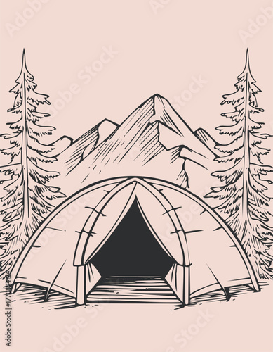 Camping tent in the mountains with pine trees