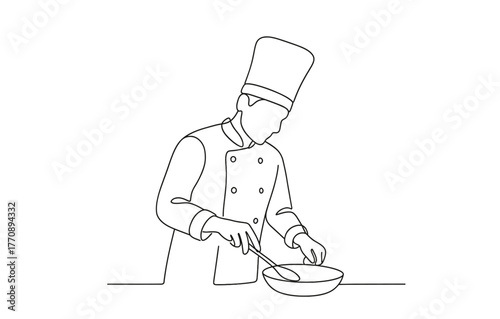 Chef cooking in kitchen: simple line art of professional culinary expert