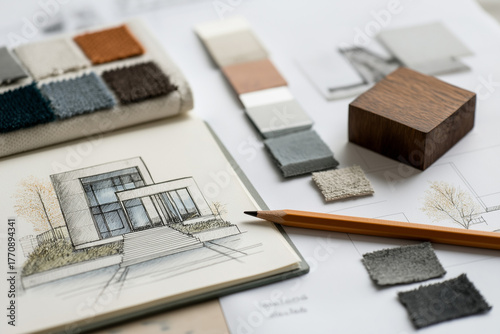 Interior moodboard with textures, pencil, sketches, and design samples. A clean and modern composition ideal for architectural, furniture, or home decor stock use.	