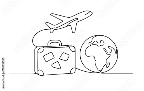Continuous line art with airplane, suitcase, and globe for travel theme