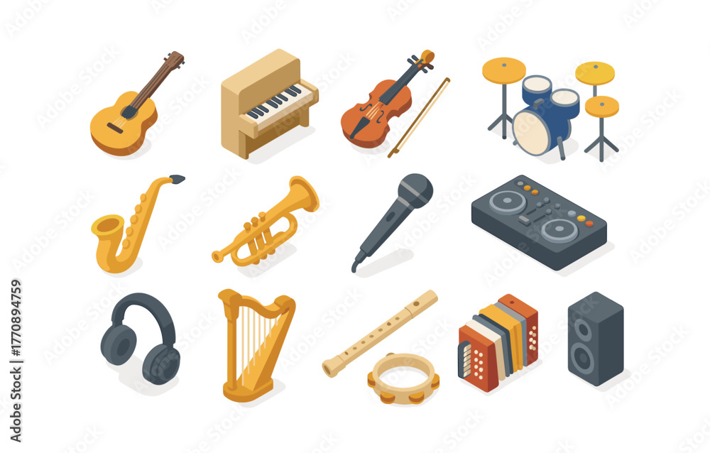 Obraz premium Isometric musical instruments collection featuring guitar, piano, and more