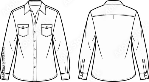 Technical flat sketch, button up shirt design, long sleeve garment, vector illustration, CAD drawing, apparel template, clothing pattern, pocket detail fashion