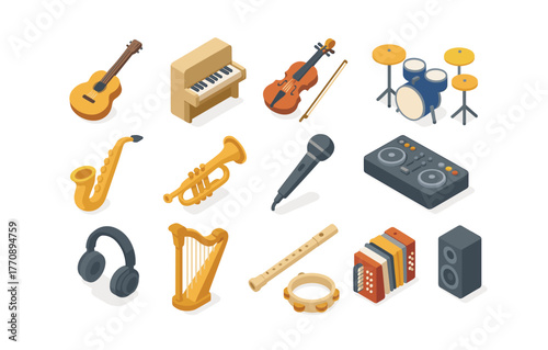 Wallpaper Mural Isometric musical instruments collection featuring guitar, piano, and more Torontodigital.ca