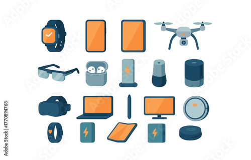 Modern technology gadgets collection with wearable tech, drones, and smart home devices in flat design