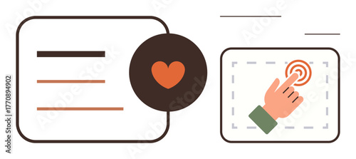 Heart icon above text lines and hand clicking button within bordered box. Ideal for user engagement, feedback, interaction, app design, social media, UXUI, connection. Simple flat metaphor