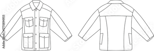 Technical flat sketch, jacket fashion design, long sleeve garment, vector illustration, CAD drawing, apparel template, clothing pattern, pocket detail, outerwear design