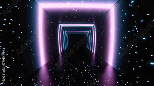 Glowing Tunnel of Blue and Pink Light in Dark Space Filled With Stars