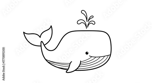 Charming cartoon whale spouting water with playful simplicity, perfect for children's books and ocean themes
