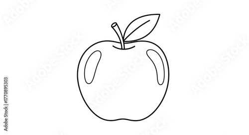 Simple line art of a single apple with a leaf and stem, perfect for educational materials, recipes, or healthy eating concepts.