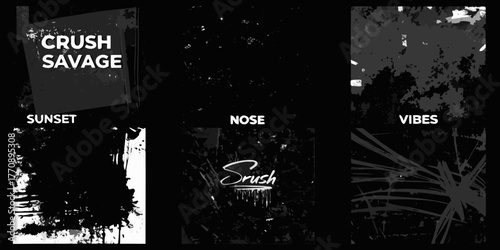 Collection of abstract black and white textured graphic designs with text overlays for creative projects
