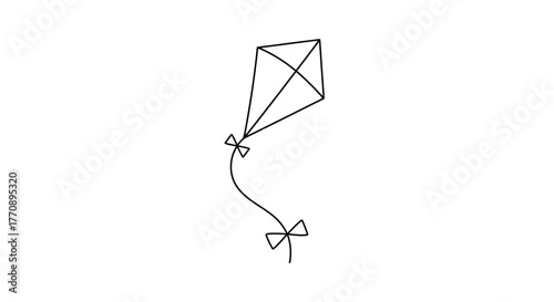 Whimsical hand drawn kite with ribbon soaring against a clean white background, evoking childhood joy and freedom.