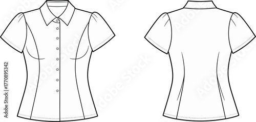 Technical flat sketch, short sleeve puff shirt design, women’s blouse fashion, vector illustration, CAD drawing, apparel template, clothing pattern, princess seam detail