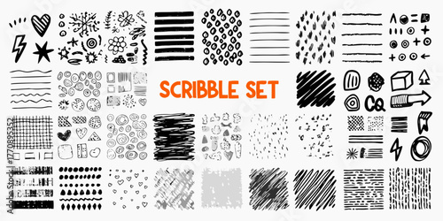 Collection of hand drawn black and white scribble textures and elements for design