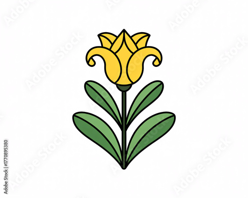 Vibrant yellow tulip bloom with lush green leaves, a symbol of spring's joyful renewal and fresh beginnings, perfect for decorative projects.