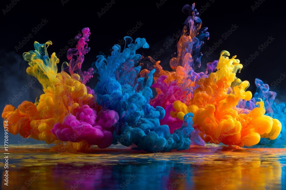 Fototapeta premium Colorful ink in shades of pink, orange, and blue swirls together underwater, creating a vivid abstract pattern full of depth and texture. 