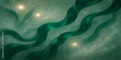 Abstract green and colorful liquid waves flow with smoke and light texture for a soft $\mathbfsatin}$ backdrop design