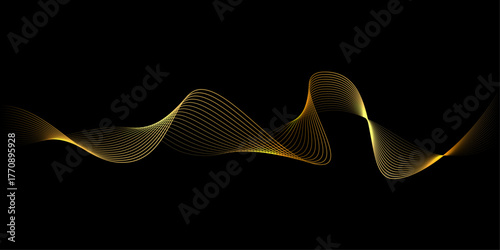 Gold waves background. Golden wavy lines isolated on black. Smooth glowing curves with elegant light gradient effect. Futuristic energy motion concept. Abstract vector illustration.