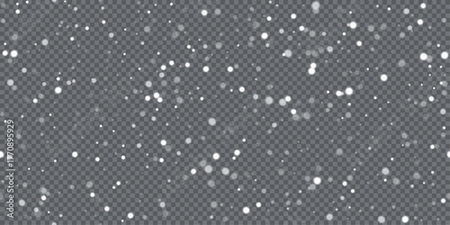 Silver glitter snow overlay on transparent background. Falling sparkle particles create festive shimmer effect for winter decorations, Christmas, New Year themes. Holiday vector illustration.