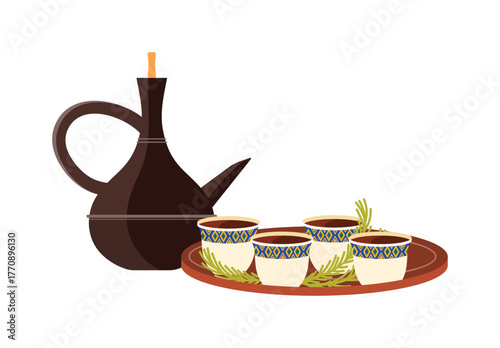 Ethiopian coffee pot and cups on tray isolated for cultural and culinary design vector illustration