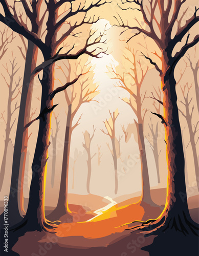 Sunlight shining through bare trees in winter forest landscape illustration
