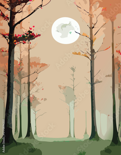 Full moon shining over a forest with tall trees in autumn season