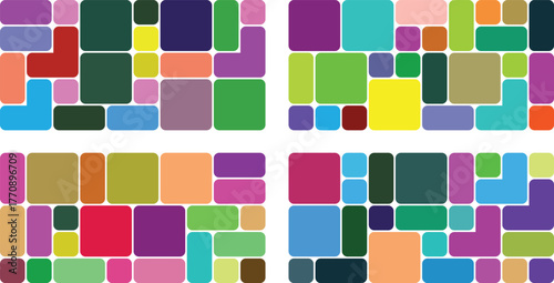Abstract mosaic of colorful rounded rectangles and squares arranged in four quadrants on a