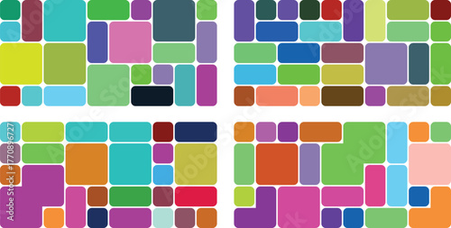 Abstract mosaic of colorful rounded rectangles and squares arranged in four quadrants on a