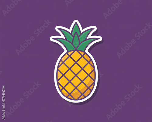Vibrant yellow pineapple with green leaves pops against a solid purple background, perfect for summer themes and tropical designs.