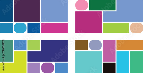 Four abstract compositions of colorful geometric shapes, rectangles, squares, and circles arranged in a grid pattern on a