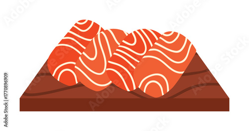 Three pieces of isolated salmon sushi nigiri arranged on a wooden board vector illustration