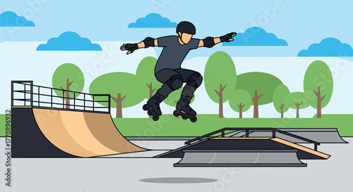 Athletic individual performing an exciting trick on rollerblades in a sunny skate park.