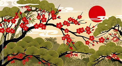 Stunning Japanese garden scene with vibrant red flowers and a rising sun evokes tranquility and beauty for wallpaper or backgrounds
