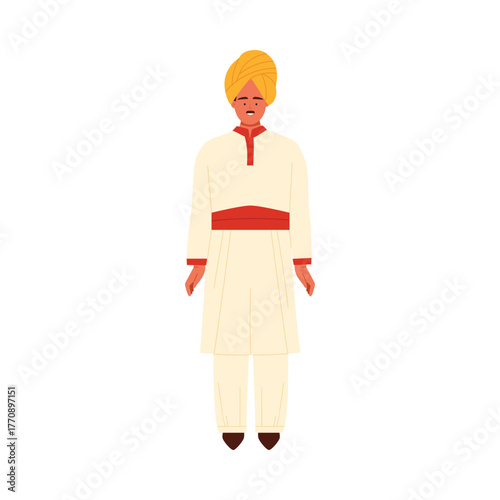 Isolated Indian man wearing traditional cream kurta and yellow turban on white background vector illustration