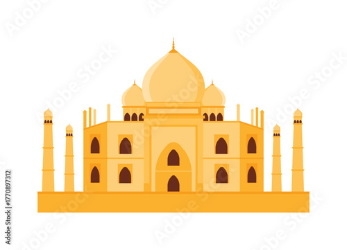 Minimal isolated Taj Mahal monument in yellow tones for travel and culture concepts vector illustration