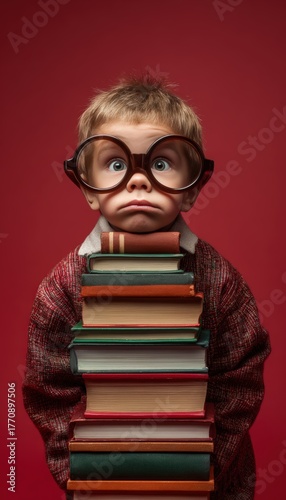 Humorous Child Portrait with Oversized Glasses and Books on Red Background
