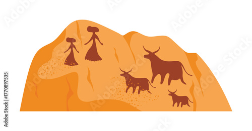 Ancient African rock art showing people and cattle, isolated on white background vector illustration