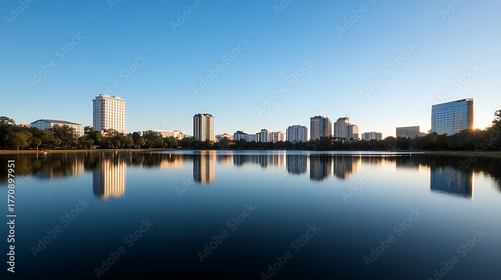 Naklejka premium Serene cityscape reflection on a calm lake under a clear sky, highlighting the harmonious blend of urban architecture with tranquil nature. Early morning light paints the buildings.