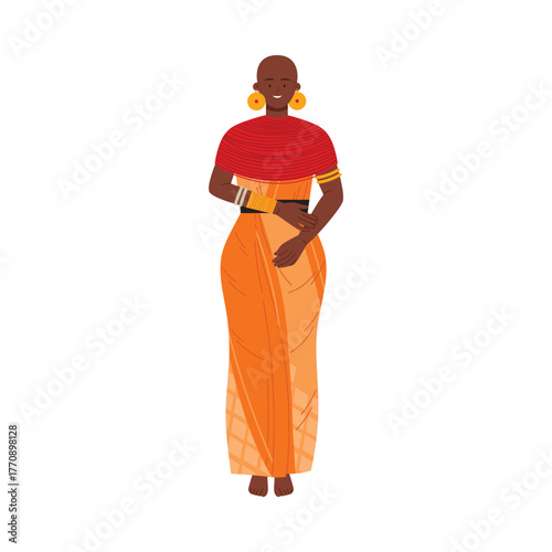 Isolated African tribal woman wearing traditional orange dress and jewelry on white background vector illustration